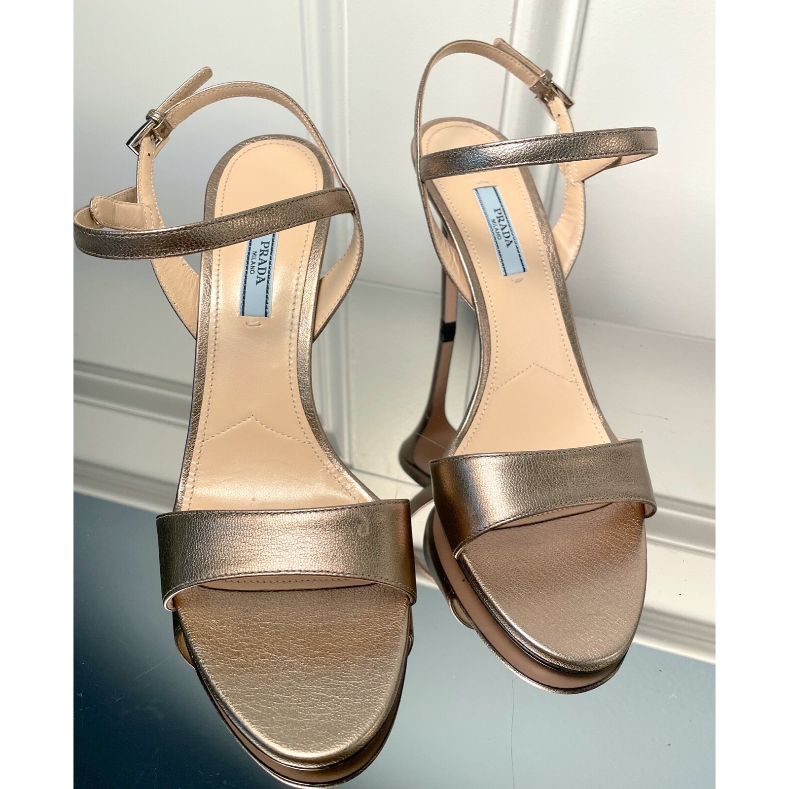 Prada Milano 1x822i Gold Leather Madras Mordore Stiletto Heel Shoes 39.5